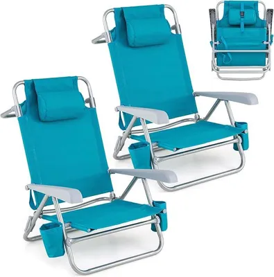 Produktbild von Strandstühle klappbar leicht 2er Set, Campingstühle | Mit verstellbarer Rückenlehne, Kopfstütze, Getränkehaltern, Kühltasche & Armlehnen, Klappstühle, Outdoor-Stühle