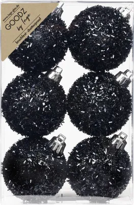 Produktbild von Weihnachtskugeln mit Lametta dekoriert Kunststoff 6cm Schwarz 6er Set