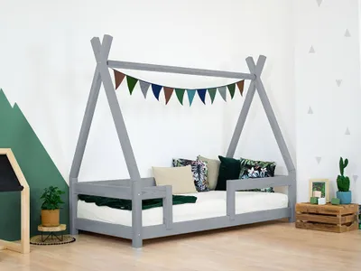 Obrázok produktu pre Benlemi Detská drevená posteľ NAKANA v tvare teepee s bočnicou 120x200 cm Biela