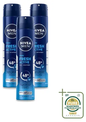 Immagine prodotto di 3 confezioni di deodorante spray NIVEA MEN Fresh Active, 200 ml ciascuna, confezione risparmio