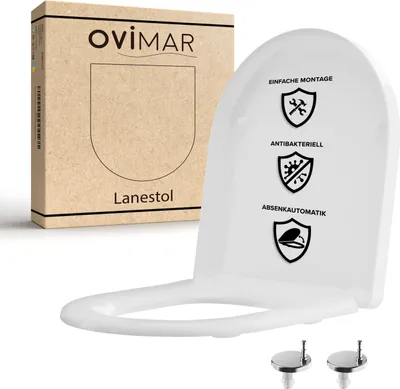 A white toilet seat and its packaging are displayed against a white background.