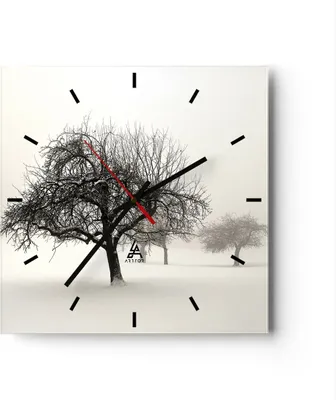 Produktbild von Wanduhr - Quadrat - Glasuhr - Bäume Schnee Nebel - 30x30cm - Schleichendes Uhrwerk - Lautlos - zum Aufhängen bereit - Dekoration Modern - Wanddekoration aus Glas - C3AC30x30-4136