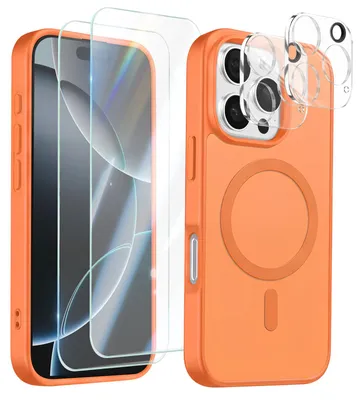 Image de Avizar, coque de protection MagSafe pour iPhone 16 Pro, avec 2 protections d'écran en verre trempé et 2 films de protection pour l'appareil photo, couleur orange