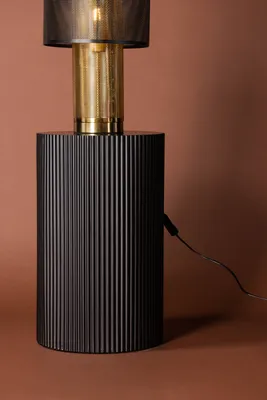 A close-up shot of a black and gold table lamp.