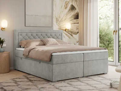 Produktbild von MKS MEBLE Boxspringbett 160x200 mit Bettkasten, Polsterbett 160x200 mit Matratze H3 Topper, Boxspringbett 160x200, Polsterbett 160x200, Bett 160x200 mit Kopfteil - Hellgrau Struktur - H3 - JASIR