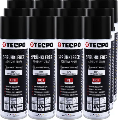 Produktbild von TECPO 1K Sprühkleber 12x 500ml Spray Kleber für Schaumstoff, Wolkenhimmel und Akustikpaneele Klebespray transparent bis 110°C Hitzebeständig