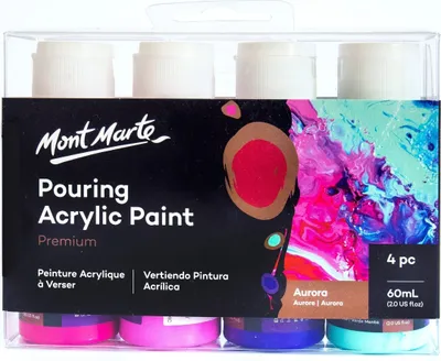 Produktbild von Mont Marte Bastelfarbe PREMIUM Pouring Acrylfarbe, Gieß-Acryl, je 4 x 60 ml, Farbe Aurora, Untereinander vermischbar & bereits mit Medium vorgemischt