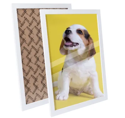 Two picture frames are shown, one with a brown patterned backing and the other displaying a beagle puppy on a yellow background.