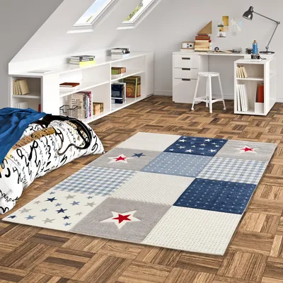 Produktbild von Kinder Teppich Maui Kids Karo Blau Sterne, Größe:120x170 cm