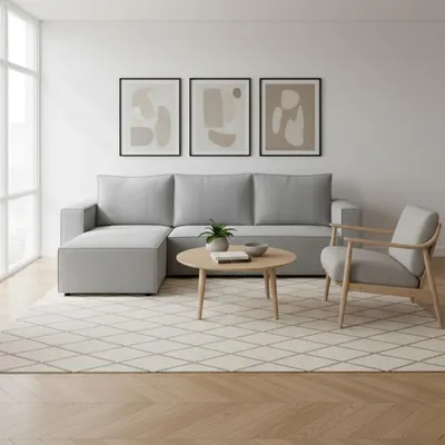 Obrázok produktu pre Sedačka L s funkciou spania a úložným priestorom – ľavá – 235x76x147 cm – sivá – malá rohová pohovka – moderná rozkladacia pohovka