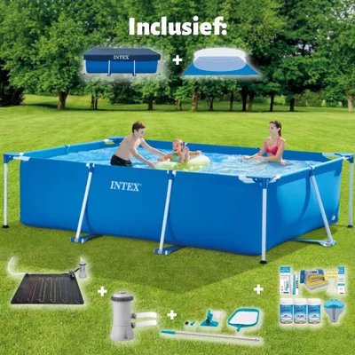Zdjęcie produktu dla Basen Intex z prostokątną ramą - 300 x 200 x 75 cm - niebieski - zawiera pokrywę - pokrywę gruntową - pompę filtrującą do basenu - matę solarną - pakiet konserwacyjny - zestaw do czyszczenia