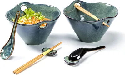 Produktbild von Ramen-Schüsselset aus Keramik - Japanisches Geschirr für 2 Personen - spülmaschinen- und mikrowellengeeignet