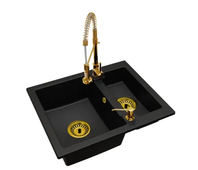 Produktbild von Granit-Küchenspüle 1,5 Becken mit Küchenarmatur, Seifenspender und Siphon Gold