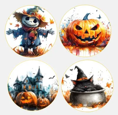 Produktbild von Halloween - Set 2 mit 4 verschiedenen Motiven - Kürbis, Haus, Katze, Kessel, Vogelscheuche für Cupcakes, Kekse usw.