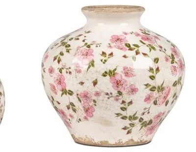 Produktbild von Keramik Blumenvase mit Blüten-Dekor, Vintage-Optik, Glasierte Oberfläche, 13 cm