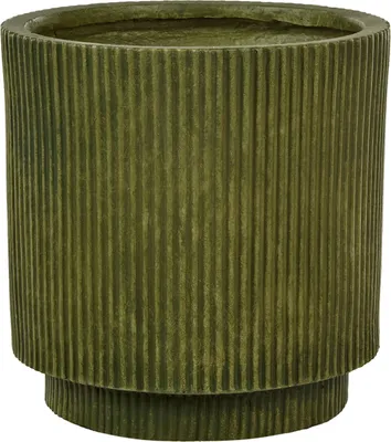 A green, ribbed planter pot with a tiered base, shown against a white background.