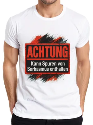Immagine prodotto di Attenzione: Potrebbe contenere tracce di sarcasmo. Maglietta da uomo, colore bianco, taglia L, con scritta "Statement: Divertente"
