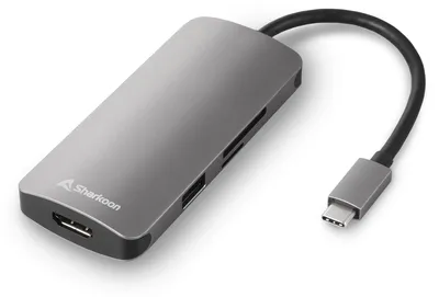 Zdjęcie produktu dla Sharkoon USB 3.0 Type C Multiport Adapter, Przewodowa, USB 3.2 Gen 1 (3.1 Gen 1) Type-C, USB Type-C, Szary, MMC, SD, 5 Gbit/s