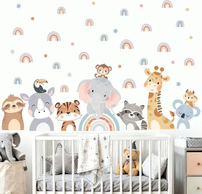 Produktbild von Wandsticker Jungle Tiere Boho Regenbogenmotiv, selbstklebend, 1 Set, für Kinderzimmer