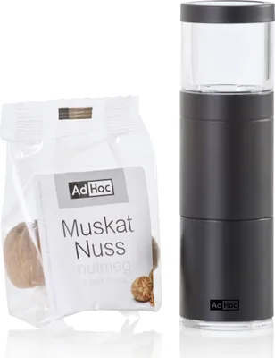 Produktbild von AdHoc PM97 Muskatnussmühle Muskatino | Geschenkset Bundle Muskatmühle & 3 edle Nüsse, Edelstahl schwarz | Acryl