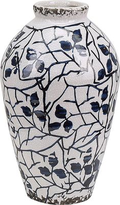 BELIANI Blumenvase Weiß Steinzeug Handgefertigt 22 cm mit Blauem Blumenmotiv Wasserdicht Deko Accessoires Wohnzimmer Schlafzimmer Flur Kamin