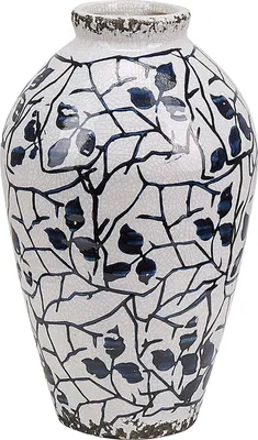 Produktbild von BELIANI Blumenvase Weiß Steinzeug Handgefertigt 22 cm mit Blauem Blumenmotiv Wasserdicht Deko Accessoires Wohnzimmer Schlafzimmer Flur Kamin