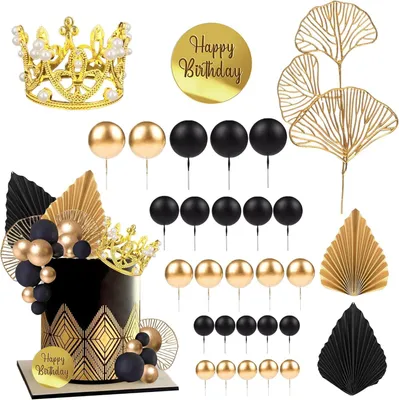 30-teiliges Kuchen-Deko-Set Schwarz Gold Krone & Fächer