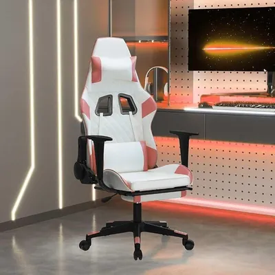 Productafbeelding van Gamingstoel met massagefunctie, voetsteun, ergonomische draaistoel van wit-roze kunstleer, in hoogte verstelbaar met armleuningen, lendensteun en kantelfunctie