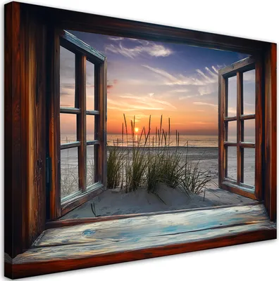 Produktbild von Leinwandbild Blick aus dem Fenster Meer Strand Natur 120x80 Feeby Braun bild für die wand bereit zum aufhängen