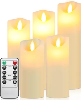 Zdjęcie produktu dla Zestaw 5 sztuk świec LED Bettizia, wykonanych z prawdziwego wosku, imitujących płomień, bez użycia płomienia, z pilotem, funkcją timera i wielostopniową regulacją jasności, ruchomy płomień, białe