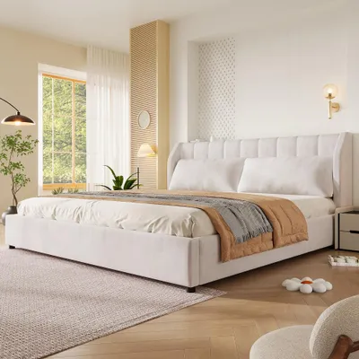 Produktbild von Polsterbett Samt mit Kopfteil & Lattenrost, gepolstertes Plattformbett, Beige, 180 x 200 cm