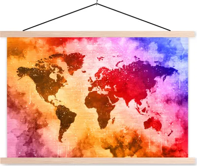 Produktbild von MuchoWow® Textilposter Weltkarte - Farbe - Farben 60x40 cm mit holzfarbenen Rahmen - Bilder