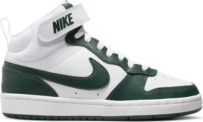 A side view of a white and green Nike Court Borough Mid 2 sneaker.