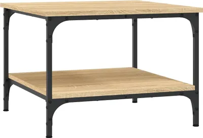 A square coffee table with two shelves, made of wood-look material and a black metal frame.