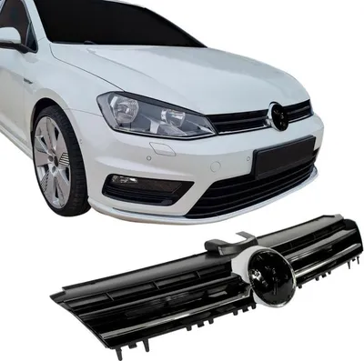 Produktbild von Kühlergrill Kühlergitter für Golf 7 schwarz glanz mit Chromleiste R Look mit Aussparung für das Emblem passend für VW Golf 7 08/12-17 alle Modelle Limousine,Variant