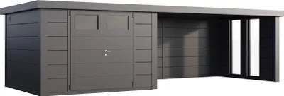Produktbild von Telluria Metallgerätehaus Classico 3030 mit Lounge Anbau (ca. 450 cm Breite) inkl. 2 Fenstern granitgrau/anthrazit Lounge-Anbau rechts