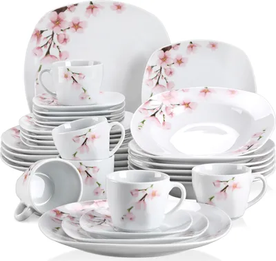 Obrázek produktu pro Porcelánový jídelní servis VEWEET série "Annie" 30 kusů s šálky na kávu, podšálkem, dezertním talířem, jídelním talířem a polévkovým talířem pro 6 osob