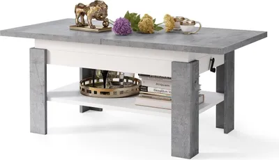 Produktbild von All4All Couchtisch Rino , Kaffeetisch , Wohnzimmertisch mit Ablage , Sofatisch , ausziehbar bis 170cm , höhenverstellbar , 130x65cm , 05 , Beton + Weiß