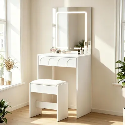 Zdjęcie produktu dla Toaletka z oświetleniem i taboret, szerokość 60 cm, kolor biały