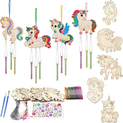 Produktbild von Minicee Einhorn Windspiel Bastelset Kinder – 9-teiliges DIY Holz-Windspiel zum Bemalen