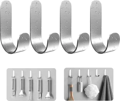 Produktbild von Frypay 4 Stück Edelstahl Haken Selbstklebend, Wandmontage, Modern, Bad & Küche, 1 kg Tragkraft, Ohne Bohren, Wasserfest, Handtuchhaken