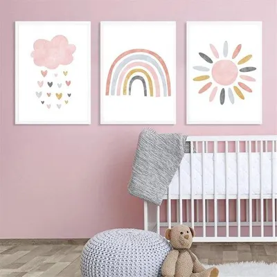 Produktbild von Set aus 3 A4 Poster für Kinderzimmer: Regenbogen, Wolken und Elefant - Dekoration für Jungen & Mädchen Babyzimmer