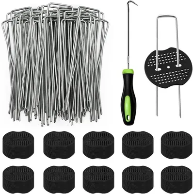 Image de Tissu anti-mauvaises herbes avec crochets - Géotextile avec ancres - Fixation pour jardin - Forme en U, robuste - 100 pièces - Galvanisé