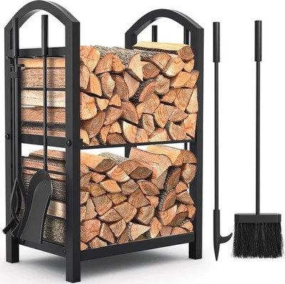 Produktbild von Famanu Werkzeugset für den Kamin mit Holzhalter und Ablage - Platzsparend und Langlebig