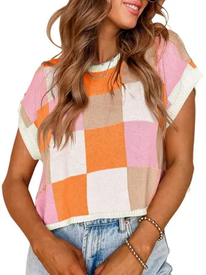 Produktbild von Damen Crop-Top mit kurzen Ärmeln,sommerlicher Farbblock-Look,Rundhalsausschnitt,Strick,trendiger Freizeitpullover