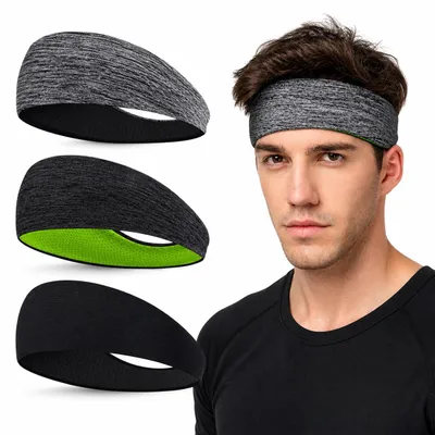 Produktbild von Sport Stirnband 3er Set Schwarz Grau Grün– rutschfest, elastisch & atmungsaktiv, A0546
