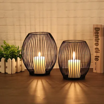 Zdjęcie produktu dla GoMaihe Owalny Świecznik Zestaw 2 Metalowy Czarny 14x15.5cm 16x18cm