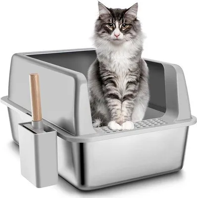 Produktbild von Grosser Kattekrüger aus Edelstahl - Ideal für große Katzen mit hohen Seitenwänden und Schaufel - leicht zu reinigen, metallischer Kattekrüger - antistatisch, leckfrei und geruchsfrei