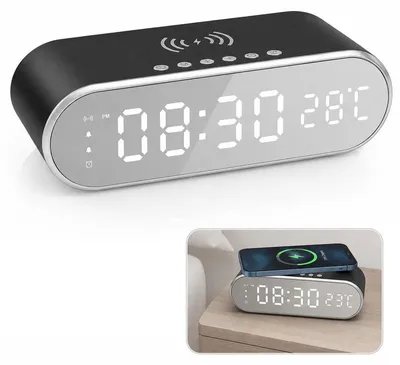Produktbild von LED Wecker mit kabellosem Laden 15W, Digitaluhr mit Temperatur, Datum & Wochentag, Doppelalarm, Snooze, 12/24 Std. & 3 Helligkeitsstufen, Schwarz