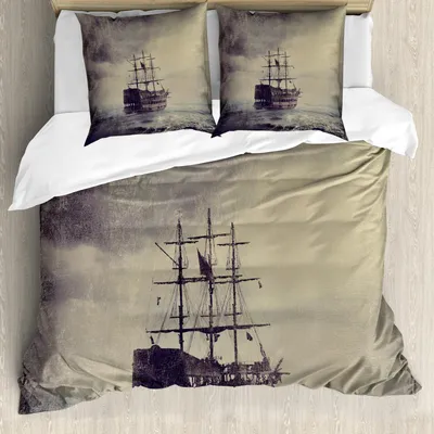 Produktbild von ABAKUHAUS Nautisch Bettbezug Set, Piraten Schiff In Der See Historischen Legenden Kreuzfahrt Retro Reise Schmutz Art, 155 x 220 cm + 80 x 80 cm, Plum Tan